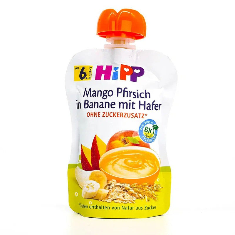 HiPP Fruit Pouches - Mango, Peach, Banana with Oats & Porridge (6+ Months) - 4 Pouches