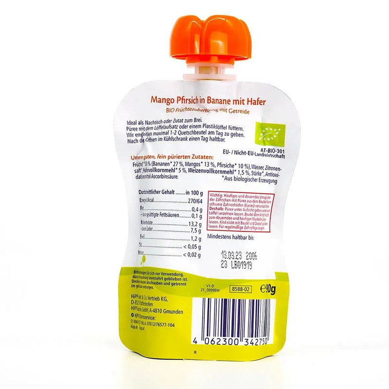 HiPP Fruit Pouches - Mango, Peach, Banana with Oats & Porridge (6+ Months) - 4 Pouches