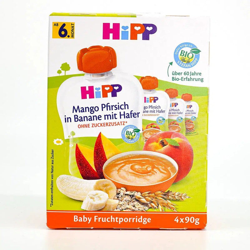 HiPP Fruit Pouches - Mango, Peach, Banana with Oats & Porridge (6+ Months) - 4 Pouches