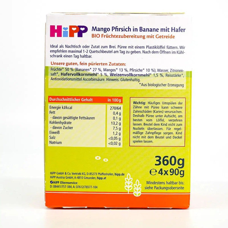 HiPP Fruit Pouches - Mango, Peach, Banana with Oats & Porridge (6+ Months) - 4 Pouches