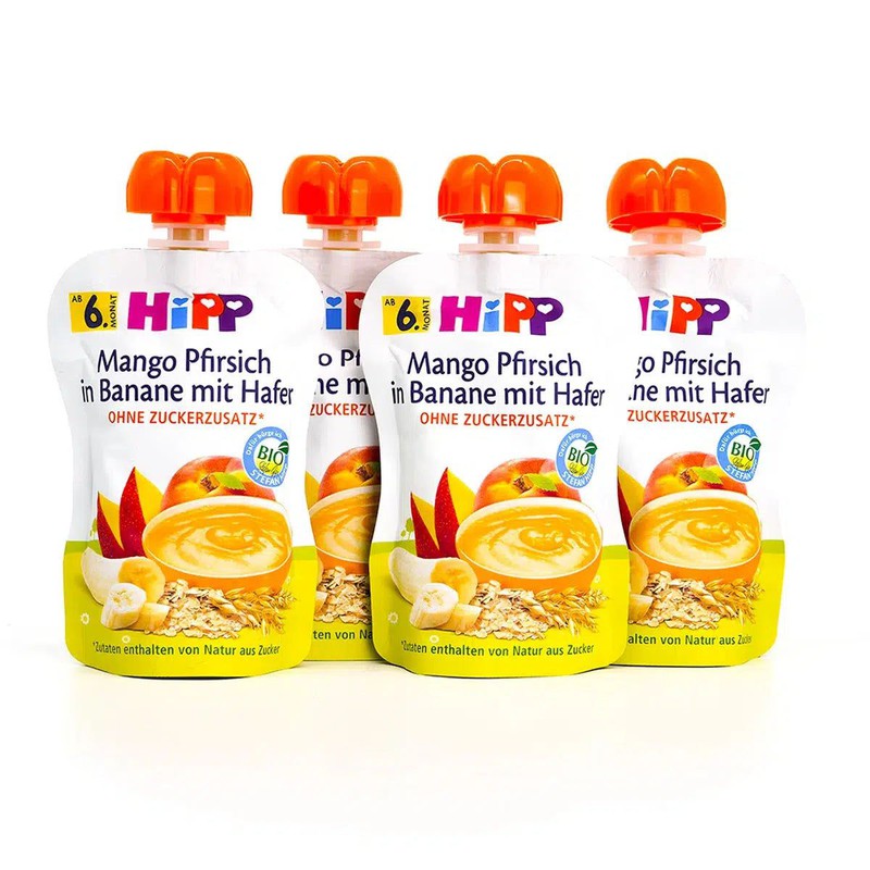 HiPP Fruit Pouches - Mango, Peach, Banana with Oats & Porridge (6+ Months) - 4 Pouches