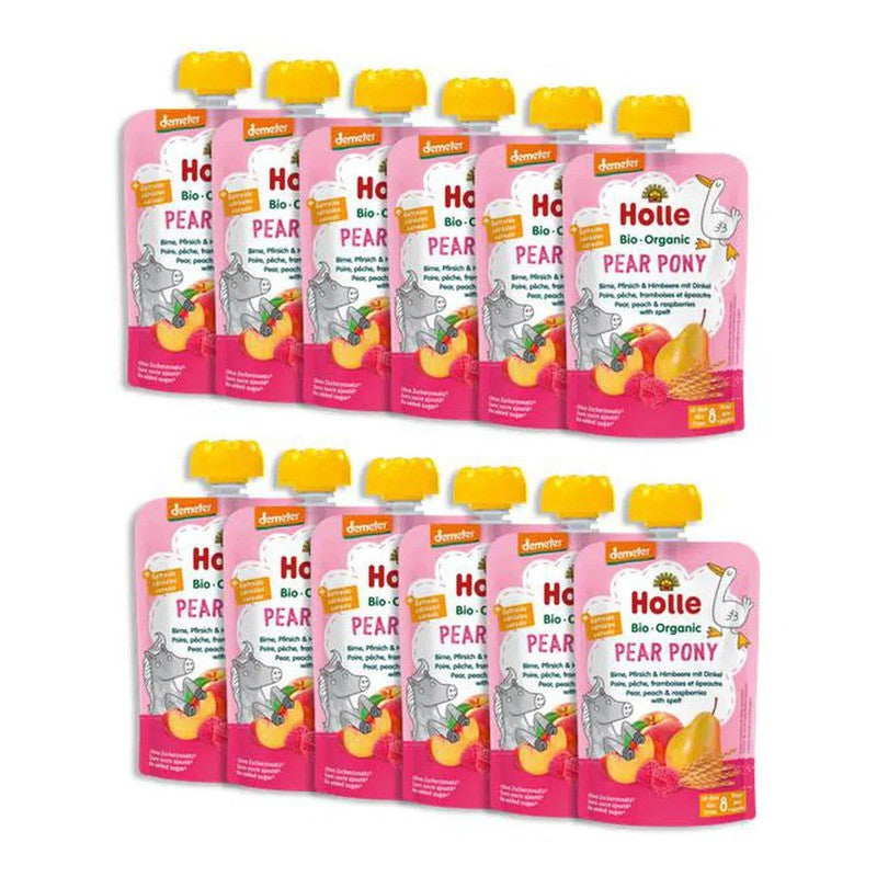Holle Pear Pony: Pear, Peach, Raspberries & Spelt (8+ Months) - 12 Pouches