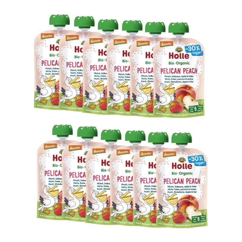 Holle Pelican Peach: Peach, Strawberry, Apple & Oat (6+ months) - 12 Pouches