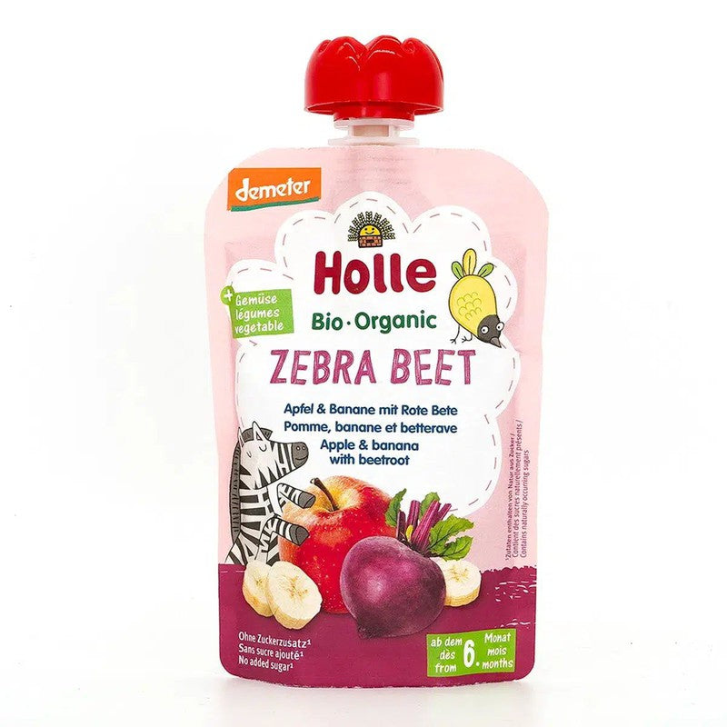 Holle Zebra Beet: Apple, Banana & Beetroot (6+ Months) - 12 Pouches