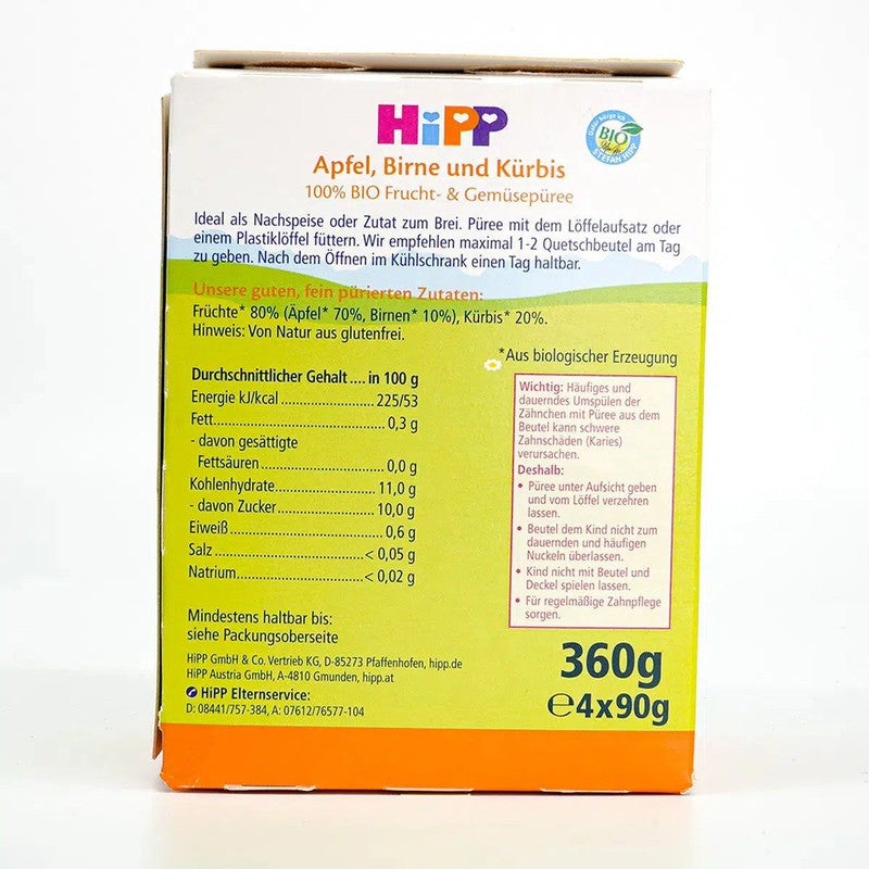 HiPP Fruit Pouches - Apple, Pear and Pumpkin (4+ Months) - 4 Pouches
