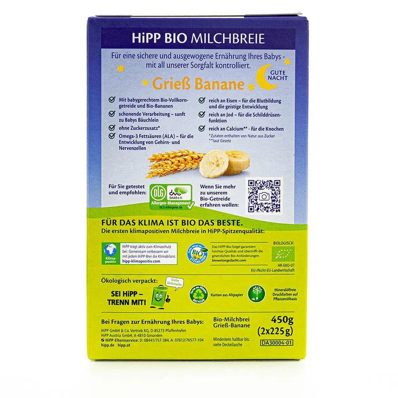 HiPP Organic Banana-Semolina Milk Evening Porridge (6+ Months) - 450g