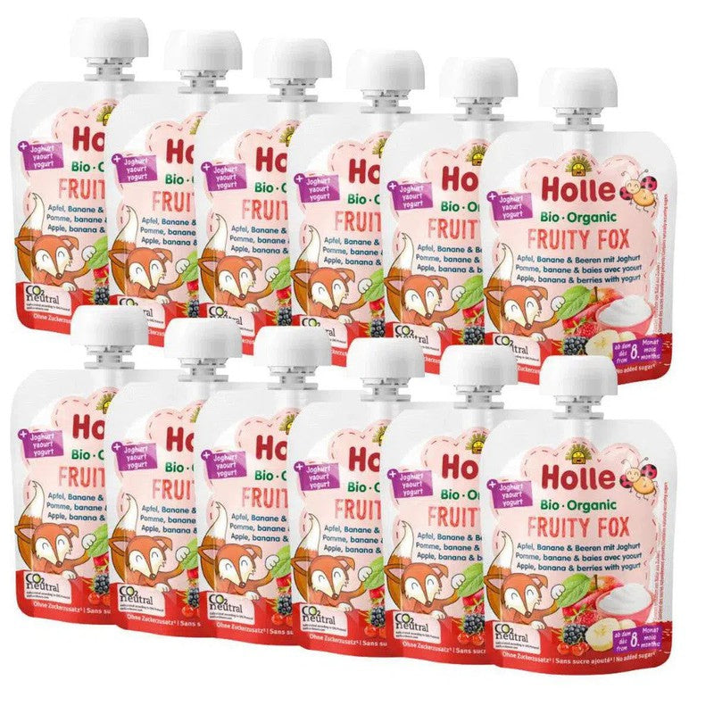 Holle Fruity Fox: Apple, Banana, Berries & Yogurt (8+ Months) - 12 Pouches