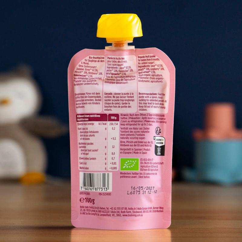Holle Pear Pony: Pear, Peach, Raspberries & Spelt (8+ Months) - 10 Pouches