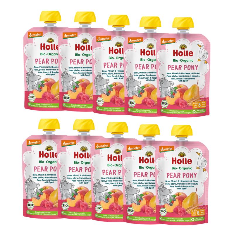 Holle Pear Pony: Pear, Peach, Raspberries & Spelt (8+ Months) - 10 Pouches