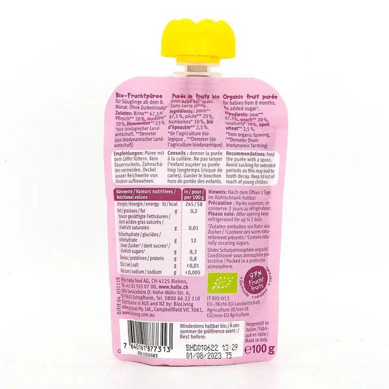 Holle Pear Pony: Pear, Peach, Raspberries & Spelt (8+ Months) - 12 Pouches