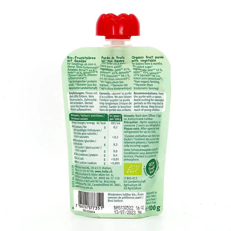 Holle Power Parrot: Pear, Apple & Spinach (6+ Months) - 12 Pouches